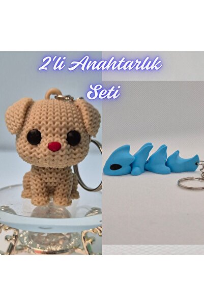 3DAtölyeMaker Cream Knitted Patterned Dog and Light Blue Flexible Dragon Keyc...