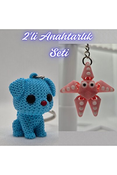 3DAtölyeMaker Light Blue Knitted Patterned Dog and Pink Moving Starfish Keychain