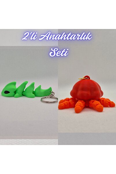 3DAtölyeMaker Green Flexible Dragon and Orange Moving Jellyfish Keychain