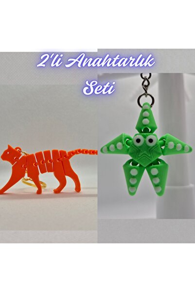 3DAtölyeMaker Orange Flexible Cat and Green Moving Starfish Keychain