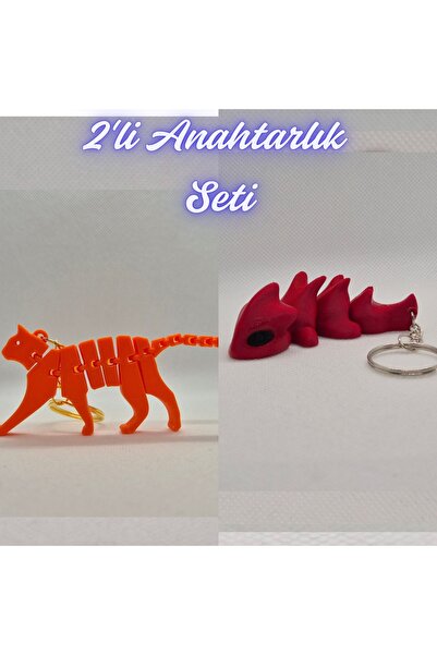 3DAtölyeMaker Orange Flexible Cat and Fire Red Flexible Dragon Keychain