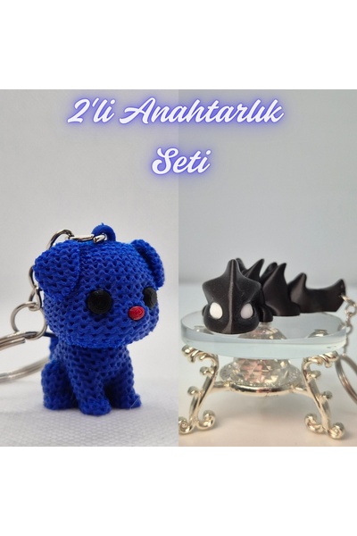 3DAtölyeMaker Blue Knitted Patterned Dog and Black Flexible Dragon Keychain
