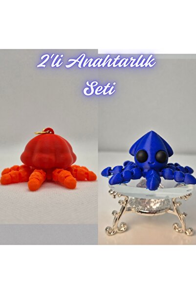3DAtölyeMaker Orange Moving Jellyfish and Blue Squid Keychain