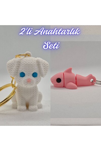3DAtölyeMaker White Knitted Pattern Dog-2 and Light Pink Flexible Shark Keychain