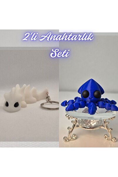 3DAtölyeMaker White Flexible Dragon and Blue Squid Keychain