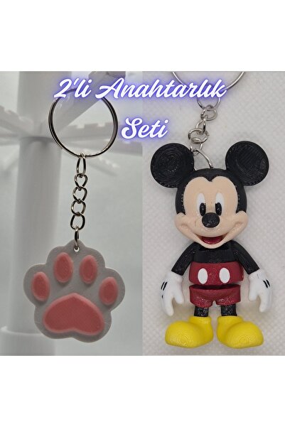 3DAtölyeMaker Light Pink Cat Paw and Blue Flexible Mickey Mouse Keychain