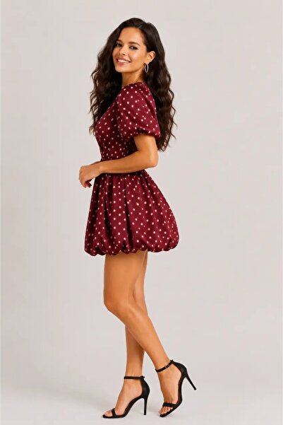 Cool & Sexy Burgundy Polka Dot Balloon Sleeve Mini Dress