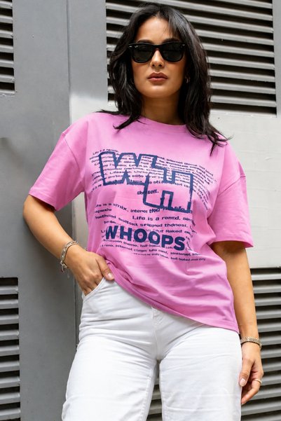 Merci Women's Pink Oversize Printed Cotton Crew Neck T-Shirt