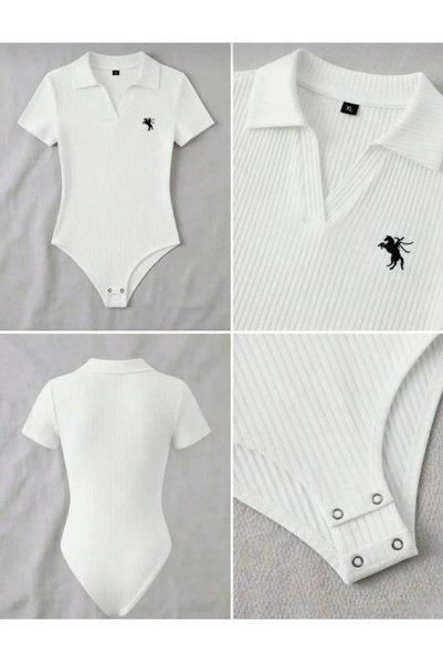 eyonnwear Embroidery Detailed Polo Collar Stretchy Ribbed Snap Fastener Women's Bodysuit