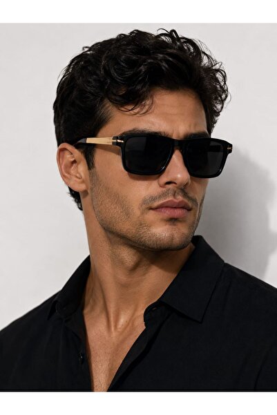 LİYA3D Black Gold Detailed Unisex Sunglasses Uv400 Protected Square Frame Pre...