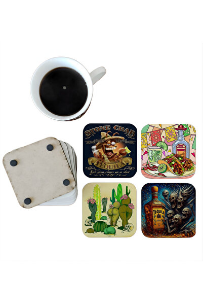 Ghostbastır Mexican Tequila Cactus Decorative Wooden Coaster Set 046