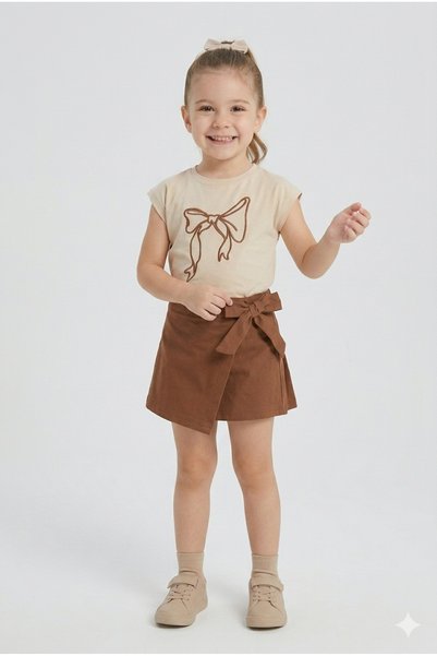 TAYO BABY Girl's Bow Embroidered T-Shirt and Shorts Skirt Two-Piece Set 100% Cotton