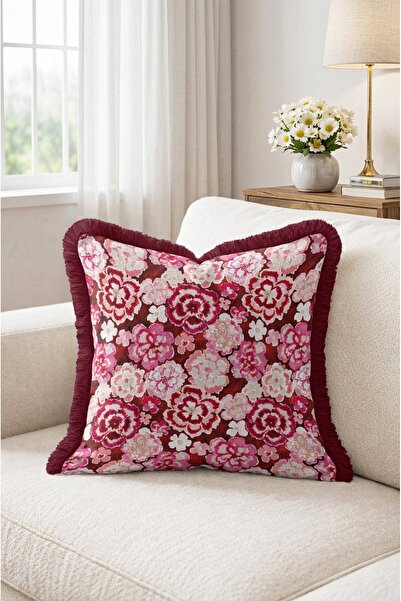 IdeCraft Pink Floral Fringed Throw Pillow Cover with Dark Background - Burgun...