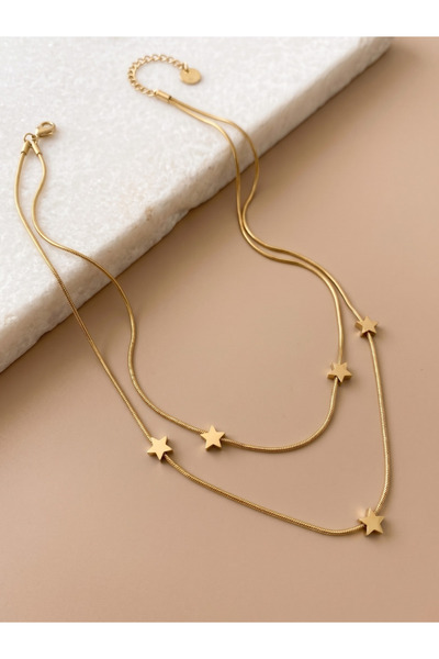 GKCBijoux Çift Zincirli Yıldız Figürlü Gold Renk Çelik kombin Kolye