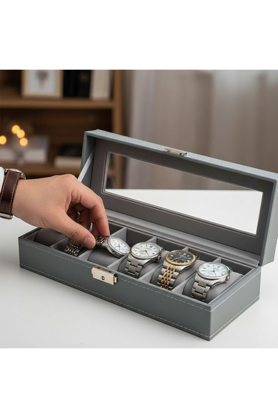 Choice 6 slots 6-Slot Watch Box with Lock & Built-in Mirror - Gray Faux Leath...