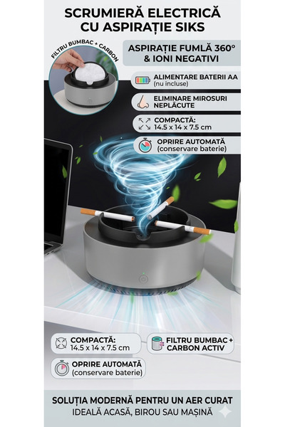 OEM Scrumieră Electrică cu Aspirație 360°, Purificator Aer cu Ioni Negativi, ...