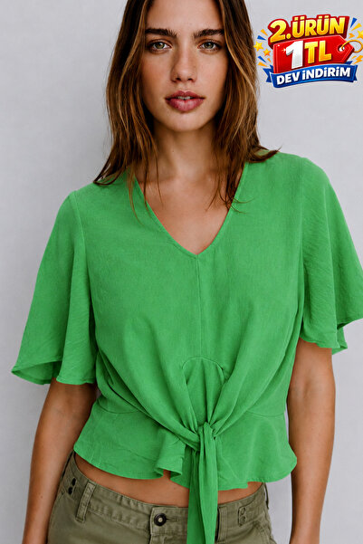 DAMGA JEANS Women's Spanish Sleeve Crepe Green Summer Stylish Blouse