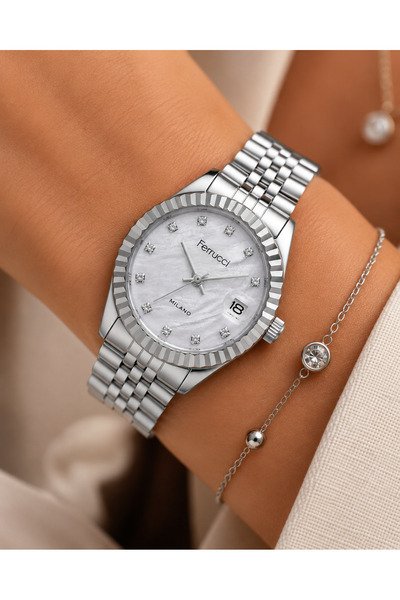 Ferrucci Women's Wristwatch Steel Band Calendar Silver Color Casual and Styli...