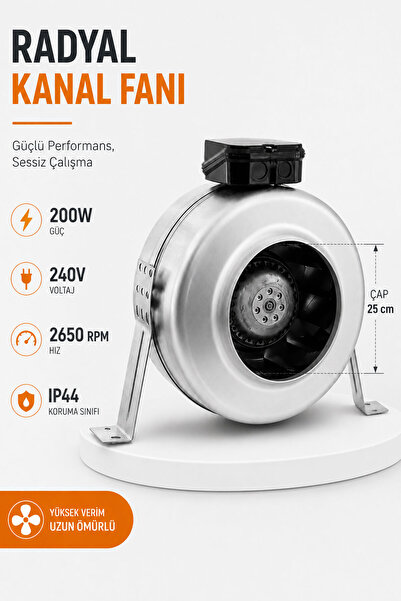 Badem10 (250 mm) Radyal Kanal Fanı Çap 25 cm 200W Güçlü Hava Üfleme Fanı Hava...