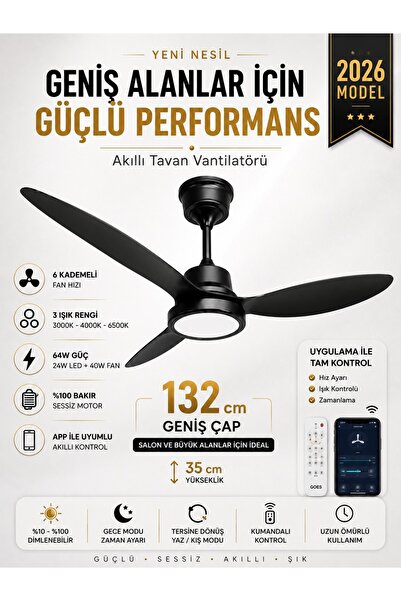 Kılıforyum 132 cm Akıllı Tavan Vantilatörü – Kumandalı & App Kontrollü – 6 Ka...