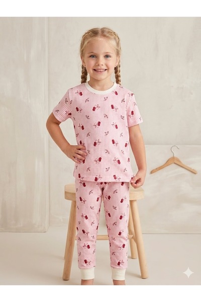 SERRASTIL Girl's Pink Colored Striped Cherry Patterned 100% Cotton Short Slee...