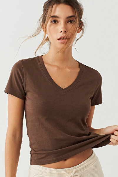 UNIQVIBE Organic Cotton Brown Women's Short Sleeve V-Neck T-Shirt
