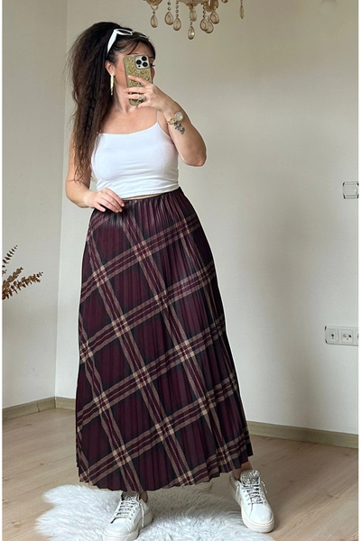 AZRA BUTİK Square Pattern Pleated Burgundy Skirt