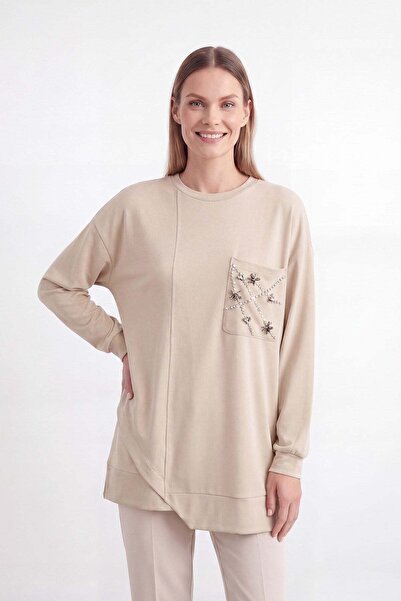 Puane Kadın Taş İşlemeli Asimetrik Kesim Tunik – 10781TUN - BEIGE