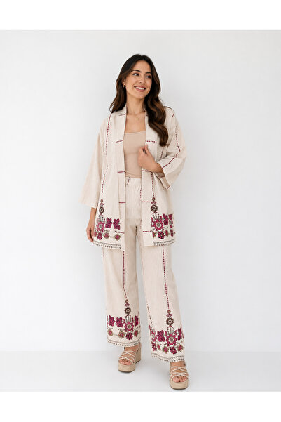 MADAME MELEK Set dublu premium cu jachetă kimono și pantaloni brodate cu brod...