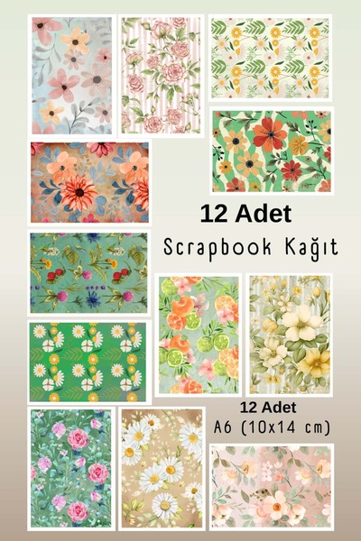 Mişomi Atölye 12 Adet Yapışkanlı Floral Scrapbook Kağıdı|Dekoratif Desenli Ka...