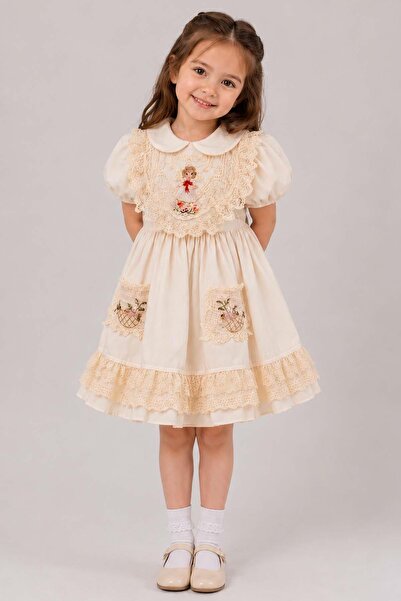 Riccotarz Girl's Baby Collared Skirt with Lace Embroidery on the Hem and Ches...