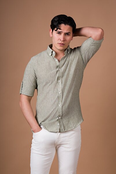 alenmeza Slimfit Collared Buttoned Folded Sleeve Linen Summer Shirt