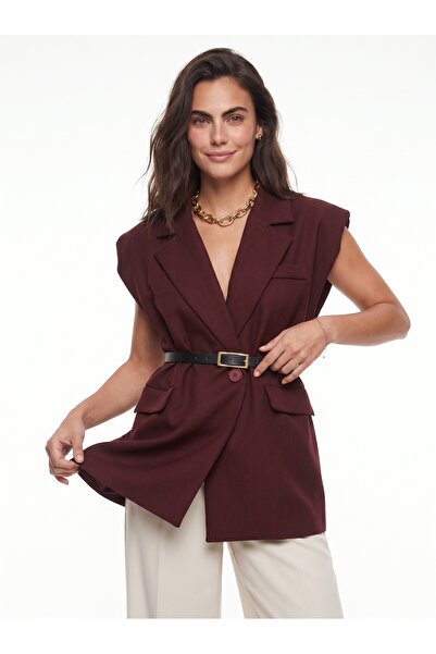 ONLOOX Burgundy Cotton Blend Oversized Padded Pocket Detailed Belted Lined Bl...