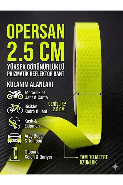 opersan Fosforlu Neon Sarı Reflektör Bant 2.5 cm x 10 Metre - Kurye Çantası K...