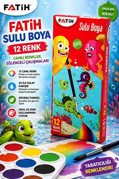 Fatih 12 Renk Sulu Boya Seti Güvenli Formül Canlı Renkler Okul Ve Hobi İçin