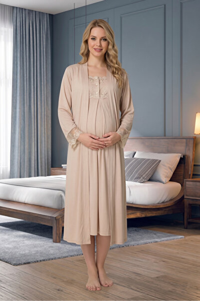 BLACKMORE Women's Beige Cotton Lace 2-Piece Maternity Nightgown and Robe Set