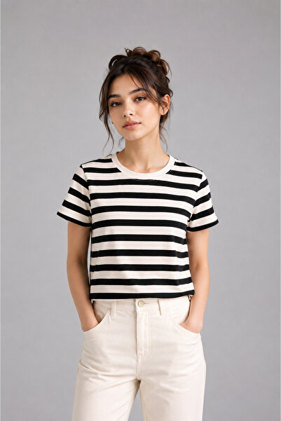 WE&ME Tricou de bază cu dungi pentru femei, cu gât rotund, textură moale, 100...