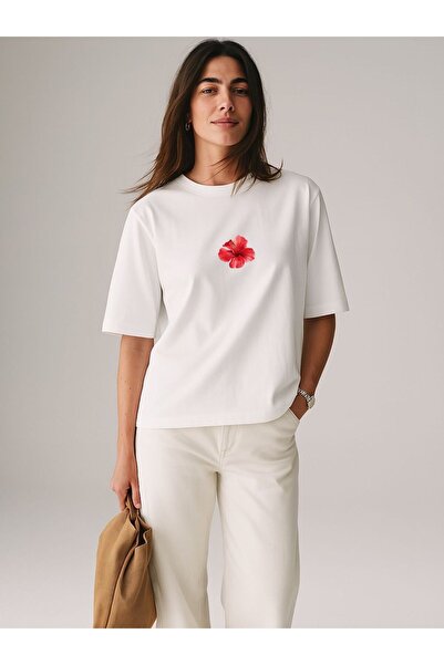 Hira Clothing Clean Girl Style Βαμβακερό T-Shirt Oversize με στάμπα τριαντάφυλλο