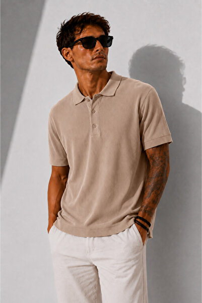 ribana Men's Short Sleeve Ribbed Half Button Closure Polo Collar T-Shirt 26001