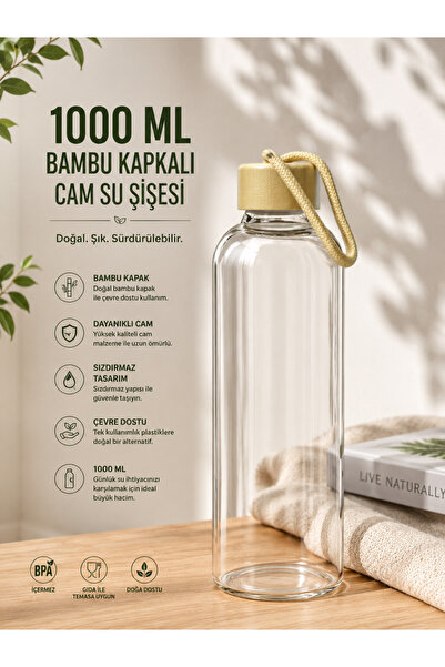 Kitchen Line 1000 ML Bambu Kapaklı Cam Su Şişesi – Taşıma Askılı Şık ve Dayan...