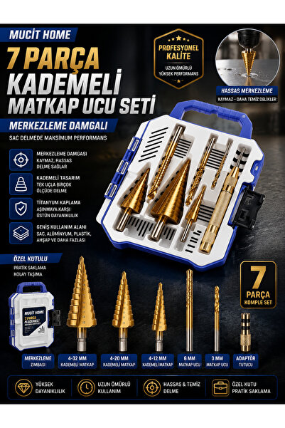 mucit home 7 Parça Merkezleme Damgalı Kademeli Matkap Ucu Sac Delme Seti Özel...
