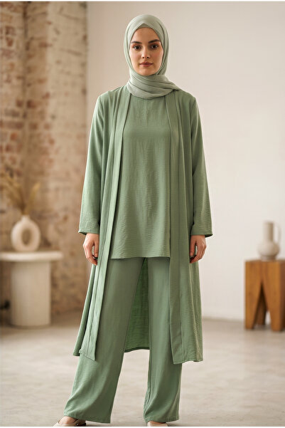 tuvadi Women's Green Jacket Blouse Pants Three-Piece Set - Ayrobin Hijab Set