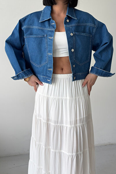 XRAY JEANS Women's Buttoned Short Polo Collar Dark Blue Denim Jacket