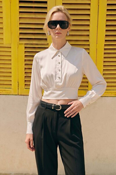 Sateen Button Detailed Satin Blouse - Ecru