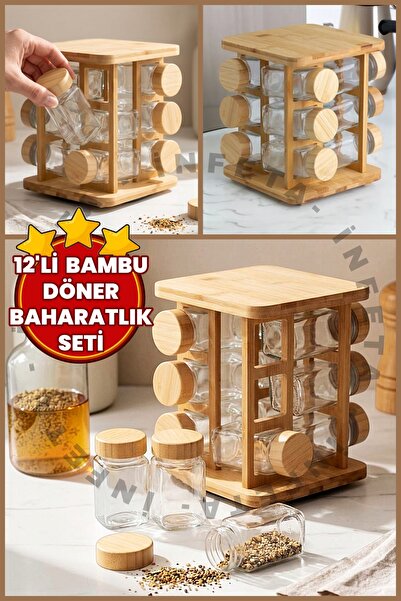 İnfeta 17x17 cm 12’li Bambu Dönerli Cam Baharatlık Seti- Döner Standlı Bambu ...