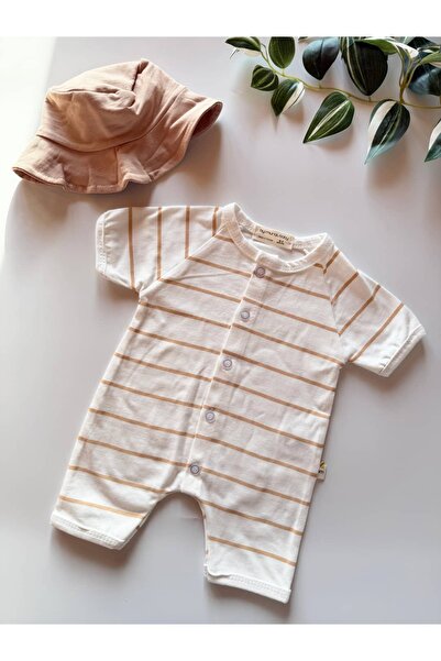 KapsülBebek 100% Cotton Striped Baby Boy Summer Rompers with Hat - Set of 2