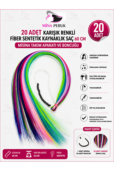 Mina Peruk 20 Adet Karışık Renkli Fiber Sentetik Kaynaklık Saç 60 CM Misina A...