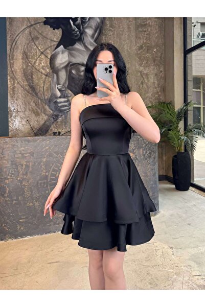 missswans Rena Taş Askılı Arkası Bağcıklı Eteği Kloş Katlı Mini Boy Saten Elb...