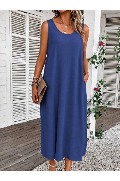 kendim fashion Women's Strappy Round Neck Pocketed Long Wrap Dress
