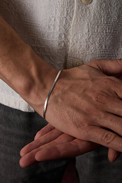 Ricco Jewellery 14 K Beyaz Altın Kaplama 925 Ayar Gümüş Yassı Selpatin Bileklik